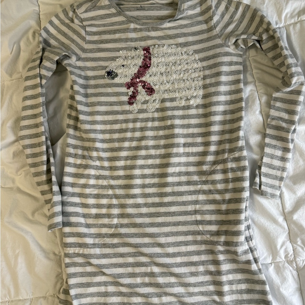 Lands' End Gray Striped Dress with Bear Design